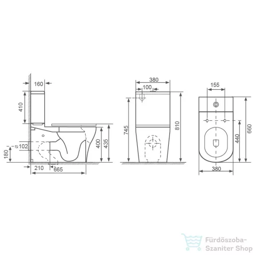 Sapho BELLO RIMLESS monoblokkos WC, alsó/hátsó kifolyású, ülőke nélkül, 38x64cm, duálgombos öblítőmechanikával (PC103R helyett) (PC103WR)