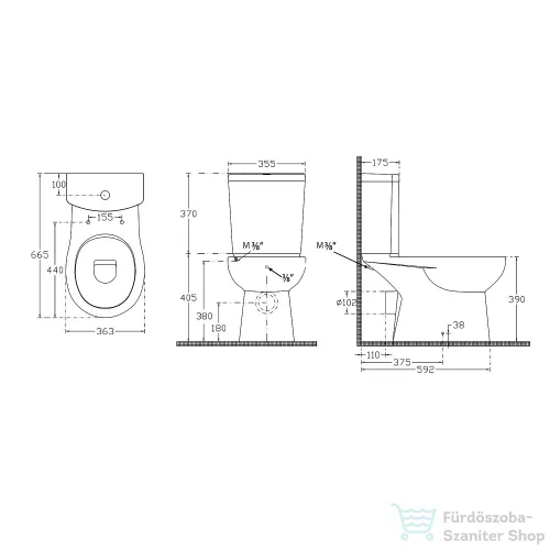 Sapho KAIRO álló kombi WC, hátsó kifolyású, tartállyal, bidézuhannyal, 36x67cm, króm duálgombos öblítőmechanikával (PC106)