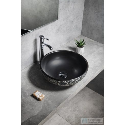 Sapho PRIORI kerámiamosdó, átm:41cm, fekete virágmintás (PI034)