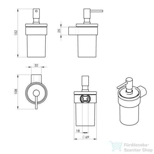Sapho PIRENEI szappanadagoló, 110 ml, gun metal/tejüveg (PI8181)