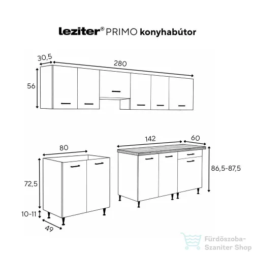 Leziter Primo 280 konyhabútor fehér, charlestone tölgy munkalappal PRK280CHAT