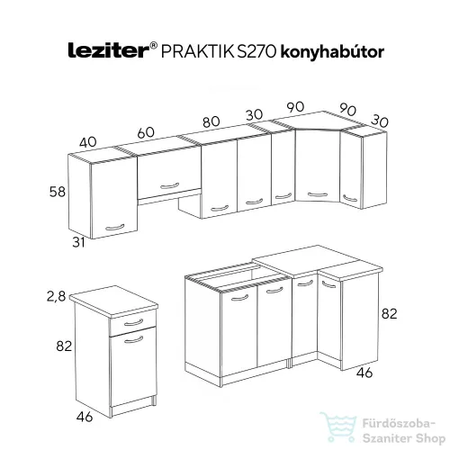 Leziter Praktik 270 sarok konyhabútor fehér korpusz, sonoma tölgy front PRS270FHST