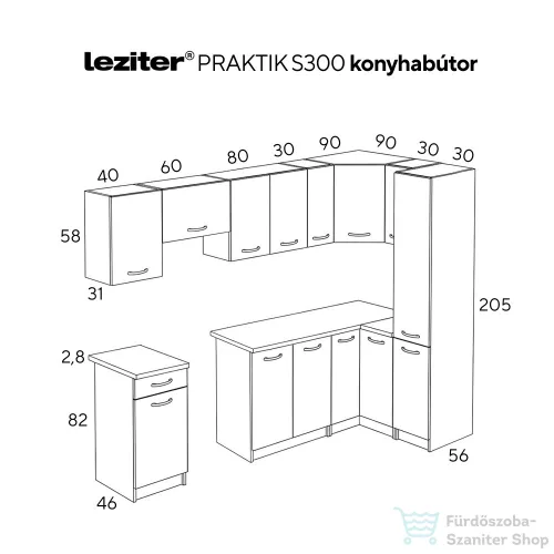 Leziter Praktik 300 sarok konyhabútor fehér korpusz, fehér front PRS300FHFH