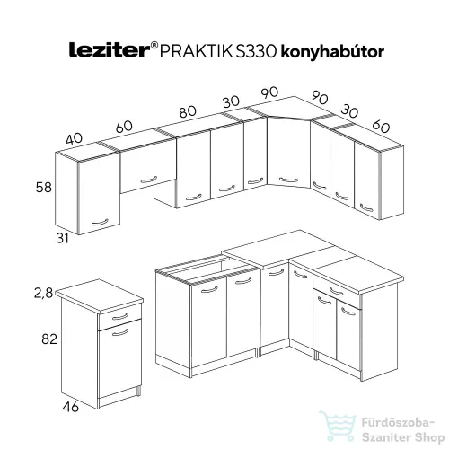 Leziter Praktik 330 sarok konyhabútor fehér korpusz, sonoma tölgy front PRS330FHST