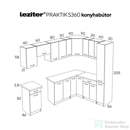 Leziter Praktik 360 sarok konyhabútor fehér korpusz, fehér front PRS360FHFH