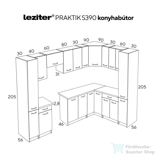 Leziter Praktik 390 sarok konyhabútor fehér korpusz, fehér front PRS390FHFH