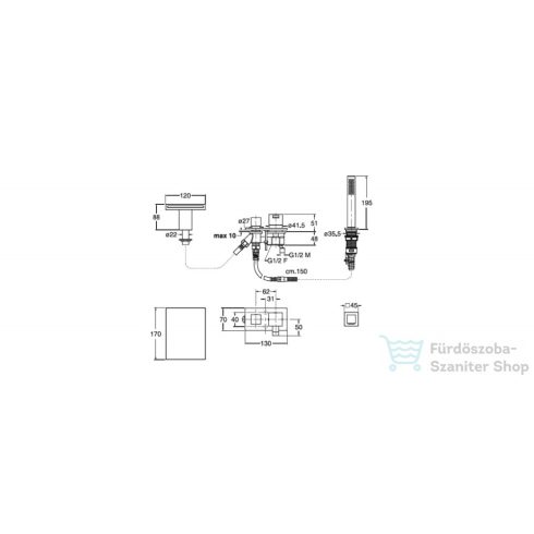 Sapho QM 3 részes kádperemre szerelhető kádtöltő csaptelep, ANTICALC kézizuhannyal, FOLLOW ME rendszerrel, kádbeömlővel, króm QM18051
