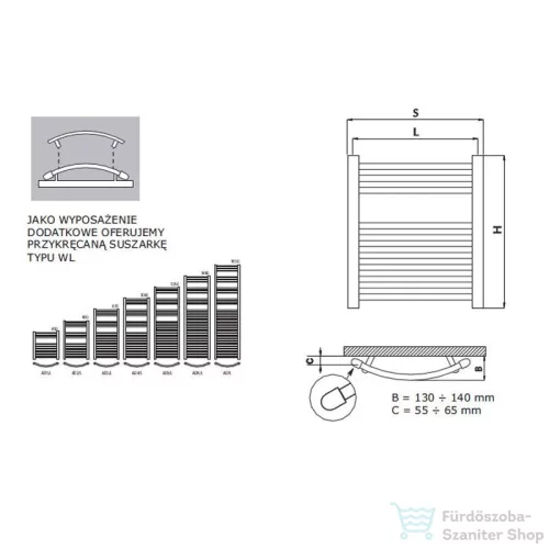 Radeco ADAMO AD3-400/L 870x450 törölközőszárítós radiátor,fényes fehér