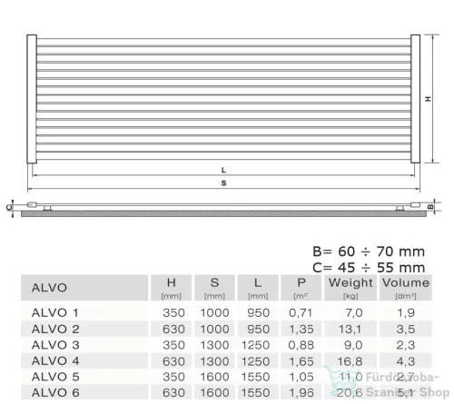 Radeco ALVO 5 350x1600 design radiátor,SATURN 2 (matt fehér) színben
