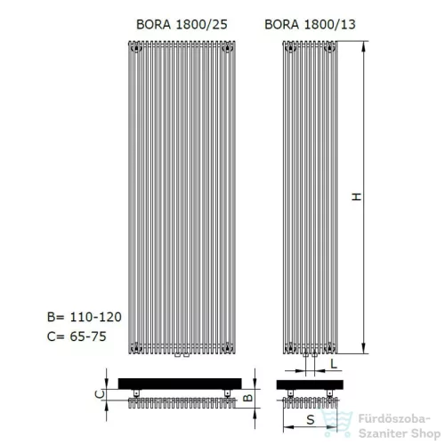 Radeco BORA 1200/25 1200x610 design radiátor, MERKURY 8 (selyemfényű fekete) színben