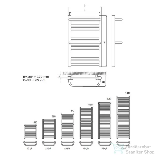 Radeco ROSA AD5-600/R 1250x650 törölközőszárítós radiátor, MERKURY 5 (metál sötétszürke) színben