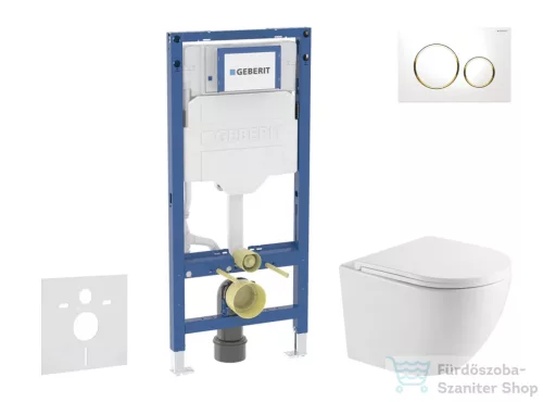 Geberit Duofix falra szerelhető WC szett, Kielle OUDEE Vortex rimless+ WC softclose ülőkével, Geberit Sigma 20 fehér/arany színű nyomólappal, fehér SANI11CA3199