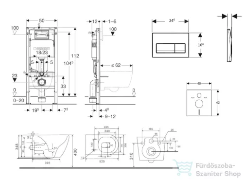 Geberit Duofix falra szerelhető WC szett, Kielle Gaia WC és soft close ülőke, Geberit Delta 50 matt fekete nyomólappal SANI11CA5118B