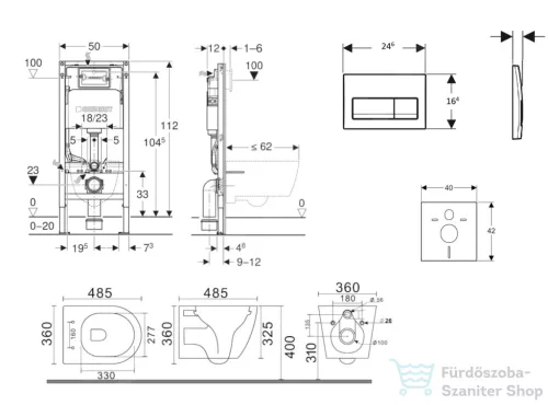 Geberit Duofix falra szerelhető WC szett, Kielle Gaia kompakt WC és soft close ülőkével, Geberit Delta 50 matt fekete nyomólappal SANI11CA5122B