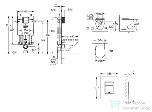 Grohe Uniset falra szerelhető WC szett, Bau Ceramic WC soft close ülőkével, Skate Cosmopolitan matt króm nyomólappal SANI15BB2102