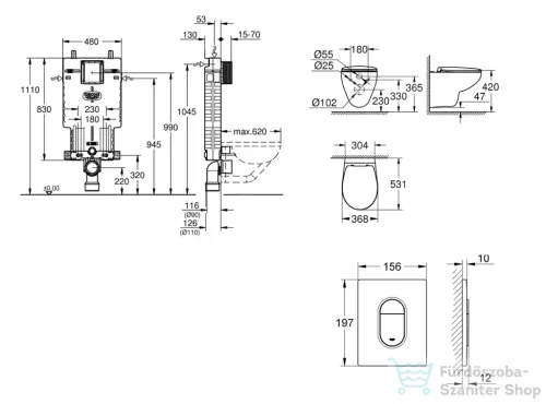 Grohe Uniset falra szerelhető WC szett, Bau Ceramic WC soft close ülőkével, Arena Cosmopolitan alpesi fehér nyomólappal SANI15BB3102