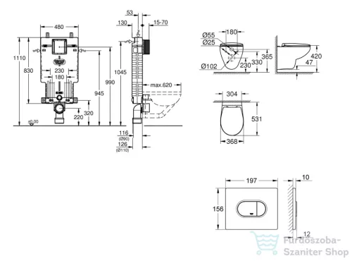 Grohe Uniset falra szerelhető WC szett, Bau Ceramic WC soft close ülőkével, Arena Cosmopolitan alpesi fehér nyomólappal SANI15BB3104