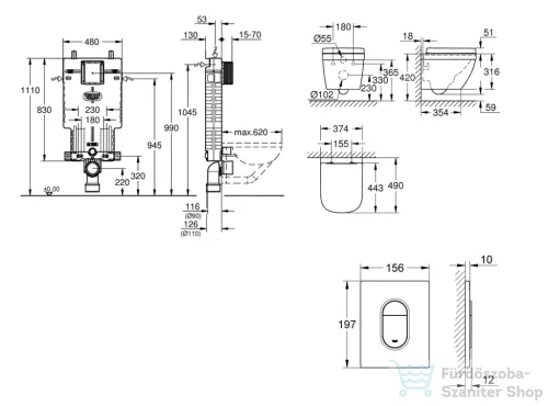Grohe Uniset falra szerelhető WC szett, Grohe Euro Ceramic Vortex kompakt WC soft close ülőkével, Arena Cosmopolitan alpesi fehér nyomólappal SANI15BB3106