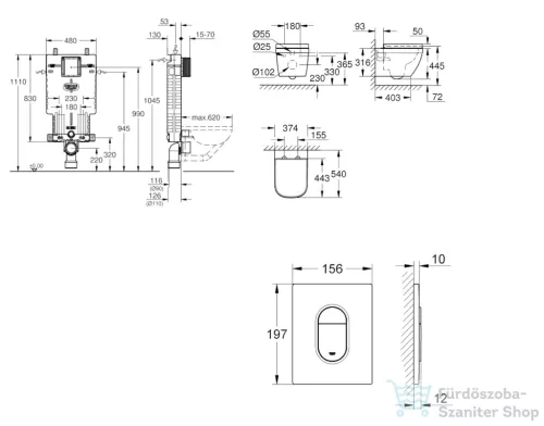 Grohe Uniset falra szerelhető WC szett, Grohe Euro Ceramic WC soft close ülőkével, Arena Cosmopolitan alpesi fehér nyomólappal SANI15BB3110