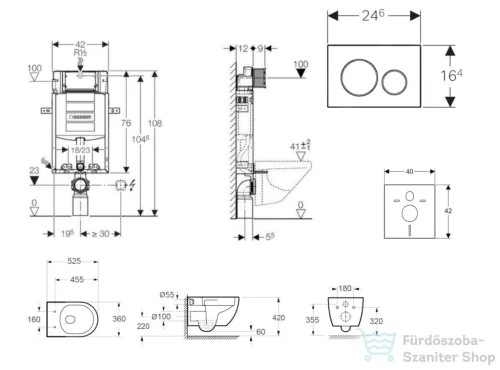 Geberit Kombifix falra szerelhető WC szett, Kielle Oudee Vortex WC soft close ülőkével, Geberit Sigma 20 fényes/matt fekete nyomólappal SANI15CA5143