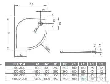 Radaway Delos A 80x80 íves zuhanytálca ST 90 zuhanyszifonnal SDA0808-01
