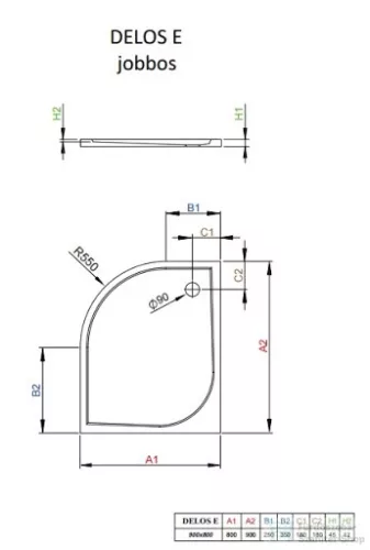 Radaway Delos E 90x80 íves aszimmetrikus zuhanytálca ST 90 zuhanyszifonnal jobbos SDE8090-01R