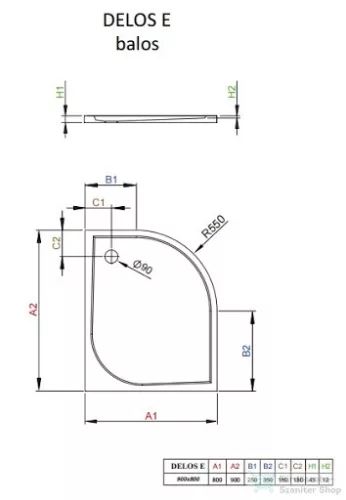 Radaway Delos E 90x80 íves aszimmetrikus zuhanytálca ST 90 zuhanyszifonnal balos SDE9080-01L