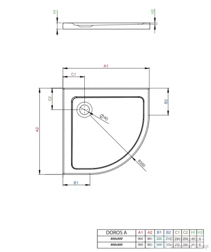 Radaway Doros Stone A 90x90 íves zuhanytálca fehér SDRA9090-01-04S