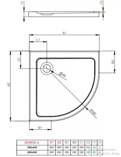 Radaway Doros A 90x90 íves zuhanytálca SDRA9090-01