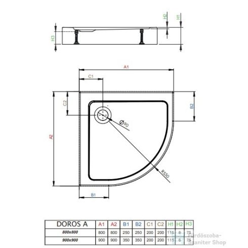 Radaway Doros Stone A 90x90 íves zuhanytálca előlappal fehér SDRA9090-05-04S