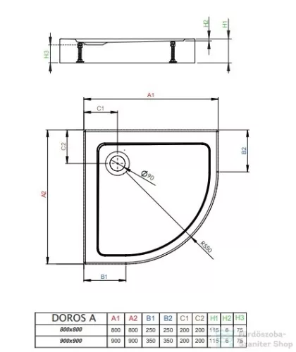 Radaway Doros Stone A 90x90 íves zuhanytálca előlappal antracit SDRA9090-05-64S