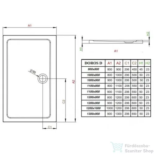 Radaway Doros D 110x90 szögletes zuhanytálca ST 90 zuhanyszifonnal SDRD1190-01