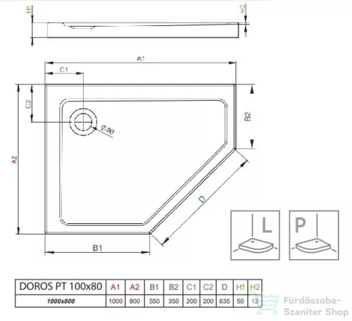 Radaway Doros PT E 100x80 ötszögletű zuhanytálca szifonnal jobbos SDRPT1080-01R