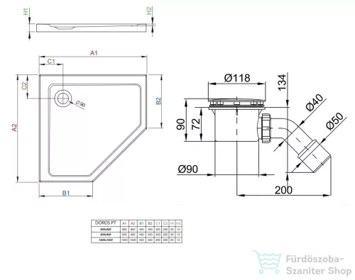Radaway Doros PT 80x80 ötszögletű zuhanytálca szifonnal SDRPT8080-01