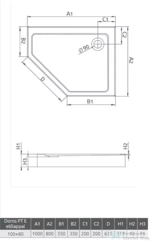 Radaway Doros PT E 100x80 ötszögletű zuhanytálca előlappal szifonnal jobbos SDRPTP1080-05R