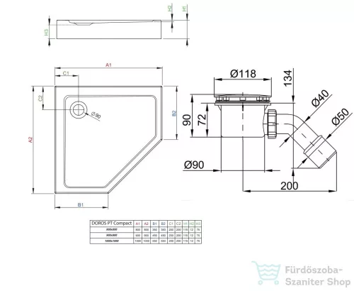 Radaway Doros PT 90x90 ötszögletű zuhanytálca előlappal szifonnal SDRPTP9090-05