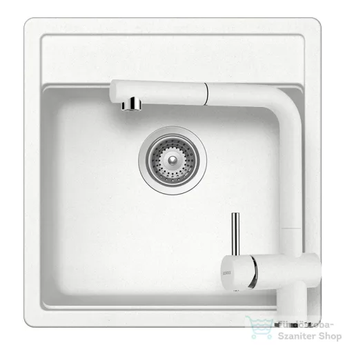 Schock NEMO N-100S konyhai mosogatótálca CRISTALITE® Alpina 490 x 510 mm, gránit kompozit, Schock Epos konyhai csapteleppel, fehér SETNN100SEEXALPI