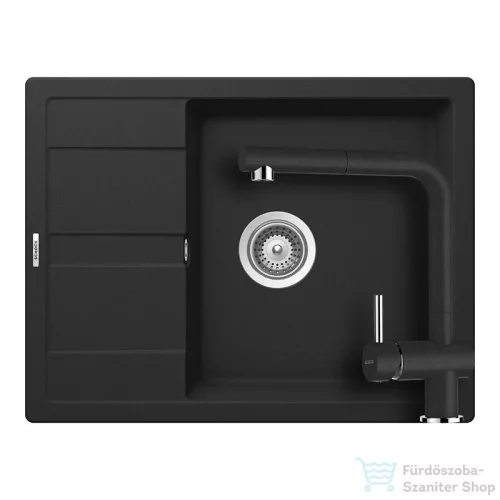 Schock RONDA D-100L konyhai mosogatótálca CRISTALITE® Nero 650 x 500 mm, gránit kompozit, Schock Epos konyhai csapteleppel, fekete SETRD100LEEXNERO