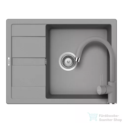 Schock RONDA D-100L konyhai mosogatótálca CRISTALITE® Croma 650 x 500 mm, gránit kompozit, Schock Plutos konyhai csapteleppel, szürke SETRD100LPCROM