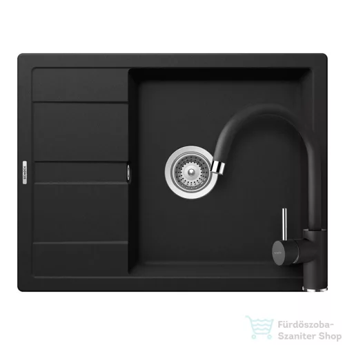 Schock RONDA D-100L konyhai mosogatótálca CRISTALITE® Nero 650 x 500 mm, gránit kompozit, Schock Plutos konyhai csapteleppel, fekete SETRD100LPNERO