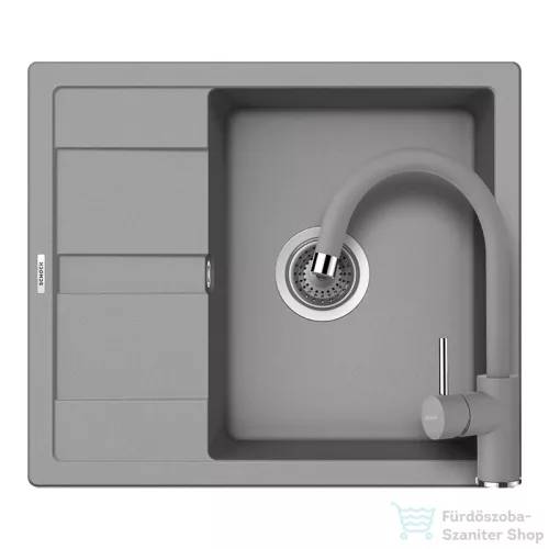 Schock RONDA D-100 konyhai mosogatótálca CRISTALITE® Croma 580 x 500 mm, gránit kompozit, Schock Plutos konyhai csapteleppel, szürke SETRD100PCROM