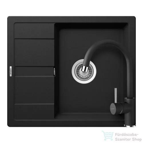 Schock RONDA D-100 konyhai mosogatótálca CRISTALITE® Nero 580 x 500 mm, gránit kompozit, Schock Plutos konyhai csapteleppel, fekete SETRD100PNERO