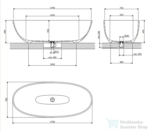 Omnires SHELL M+ 175x78 cm-es szabadon álló kád, matt fekete lava SHELL175WWBLV