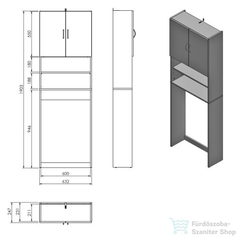 AQUALINE SIMPLEX ECO állószekrény mosógép fölé, 63x25x190cm (SIME715)