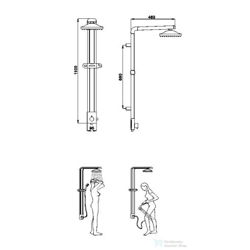 AQUALINE TOUR zuhanyoszlop, csaptelep nélkül, 220mm-es fejzuhannyal, 1100mm, alumínium SL030