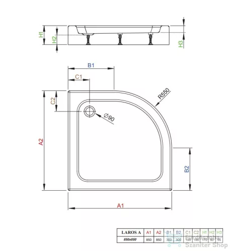 Radaway Laros A 85x85 íves zuhanytálca ST 90 zuhanyszifonnal SLA8585-01
