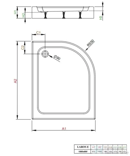 Radaway Laros E 100x80 íves aszimmetrikus zuhanytálca ST 90 zuhanyszifonnal balos SLE81017-01L