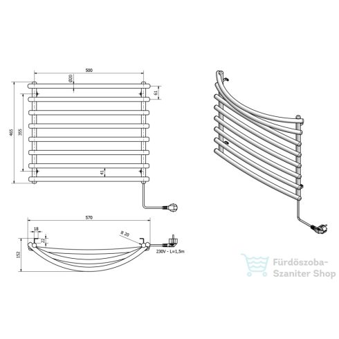 AQUALINE elektromos törölközőszárító radiátor, 570x465mm, 72W, fehér SU110A