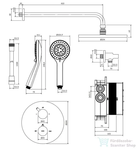 Omnires Y termosztátos falsík alatti zuhanyrendszer, 25 cm-es esőztetővel, selyemfényű fekete SYSYT05BL