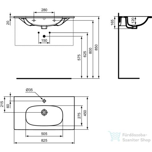 Ideal Standard TESI 82,5x45 cm-es falra/bútorra szerelhető mosdó,matt fekete T3509V3